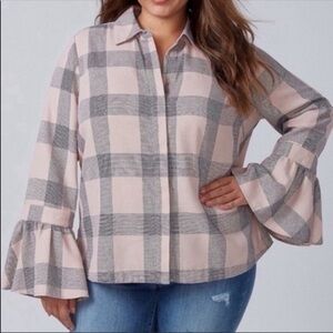 Lane Bryant Plaid Cotton Blend Fall Button Down Bell Sleeve Shirt Size 14